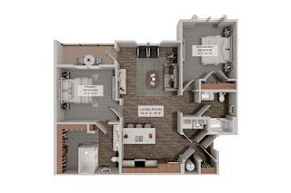 A 3D rendered image of a house layout with a living room, kitchen, and two bedrooms.
