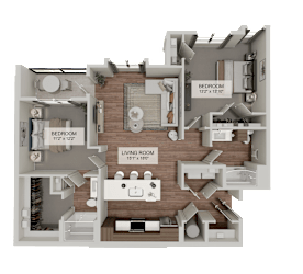 A 3D floor plan of a house showing a living room, kitchen, and two bedrooms.