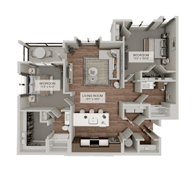 A 3D rendered image of a house layout with two bedrooms and a living room.