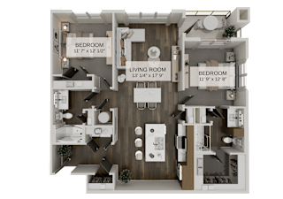 Two bedroom floor plan with spacious living room at The Residences at The Gilmore Apartments, Arizona
