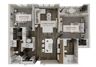 Two bedroom floor plan with dual sinks and closets at The Residences at The Gilmore Apartments, Arizona, 85297