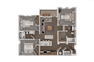 A 3D rendered image of a house layout with labeled rooms and dimensions.
