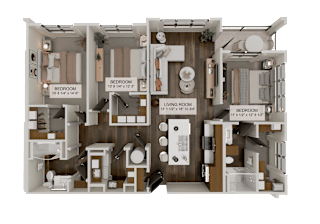 A 3D floor plan of a house showing the layout of the rooms. at Stack at Wheat Ridge Apartments, Wheat Ridge