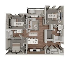 A diagram of a house layout with two bedrooms, a living room, and a kitchen.  at The Junction at Rockledge Apartments, Florida