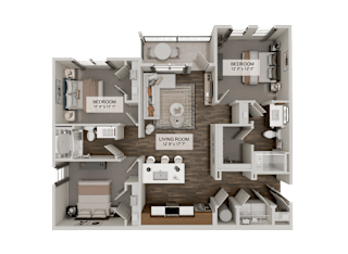 A detailed 3D floor plan of a two-bedroom apartment.