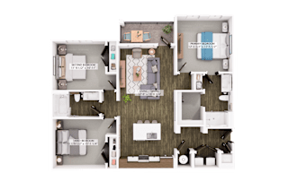 Three bedroom apartment floor plan with open living area at The Logan Luxury Apartments, Idaho