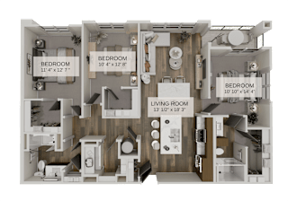 A diagram of a house layout with three bedrooms and a living room.