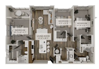 A diagram of a house layout with three bedrooms and a living room.