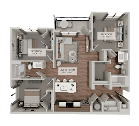 A 3D rendered image of a house layout with three bedrooms, a living room, and a kitchen.