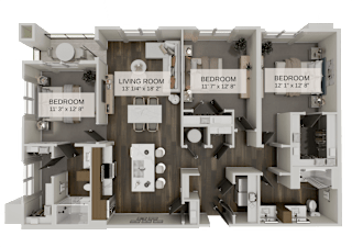 Three bedroom apartment floor plan with open living area at The Residences at The Gilmore Apartments, Gilbert, 85297