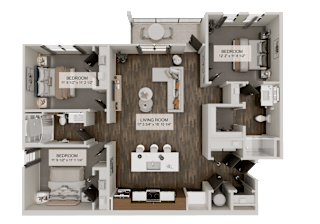 A floor plan of a house with a living room, dining room, kitchen, and two bedrooms at The Logan Luxury Apartments, Nampa, Idaho