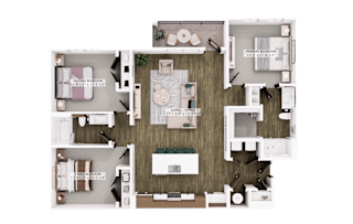 3D floor plan with three bedrooms and open living space at The Logan Luxury Apartments, Idaho, 83651