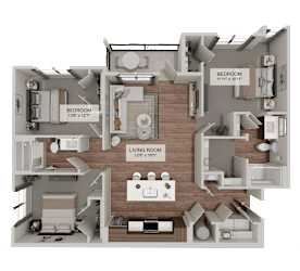 A 3D floor plan of a house showing a living room, two bedrooms, and a kitchen.