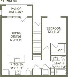 A1 - 1 Bedroom 1 Bath 786 Sq. Ft. Floor Plan at Canter, Ocala, FL, Florida, 34474