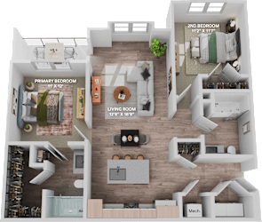 A 3D floor plan of a two bedroom apartment with a living room and a kitchen  at The Depot, Raymore, Missouri