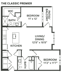 a floor plan of a bedroom apartment with a bathroom and a living room  at The Depot, Raymore, 64083