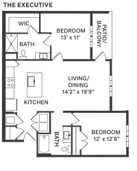 the floor plan of a bedroom apartment with a bathroom and a living room  at The Depot, Raymore, 64083