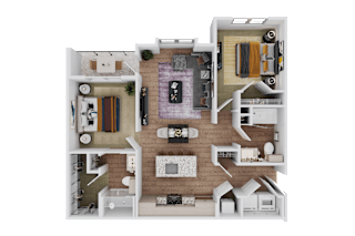 1 bed 1 bath A 3D floor plan of a house with a kitchen, living room, and two bedrooms. at Standard441 Luxury Apartment Homes, Florida, 32159