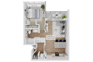 A floor plan of a small apartment with a primary bedroom and a living room.