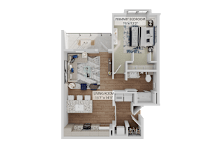 A floor plan of a living room and primary bedroom.