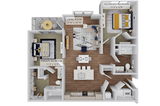 A 3D floor plan of a house showing a living room, two bedrooms, and a secondary bedroom.
