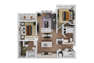 A 3D floor plan of a house showing a living room, two bedrooms, and a bathroom.