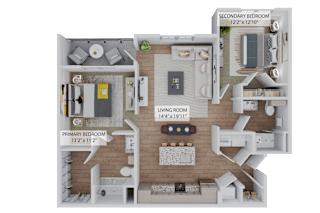 A floor plan of a living space with a primary bedroom, secondary bedroom, and living room.