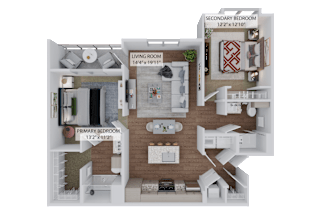 A 3D diagram of a house layout with three bedrooms and a living room.