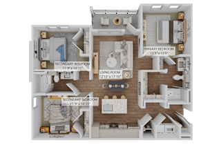 A diagram of a house layout with a living room, two bedrooms, and a kitchen.
