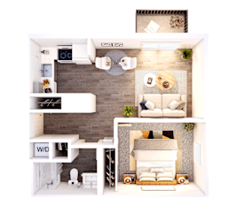 A top-down view of a cozy living room with a fireplace and a couch at Stony Creek Apartments, Santa Rosa, CA, 95401