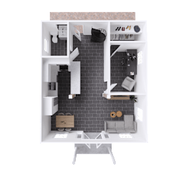 A top-down view of a small apartment with a kitchen, living room, and bathroom.
