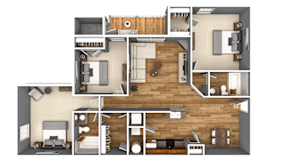 A 3D floor plan of a house showing a kitchen, living room, and bedrooms.
