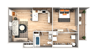 A top-down view of a living room, kitchen, and dining area.