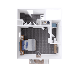 A top-down view of a small apartment with a bedroom, living room, and kitchen.