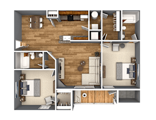 A detailed 3D floor plan of a house showing all rooms and furniture layout.