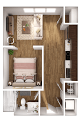 A modern bedroom with a bed, nightstand, and a wall-mounted shelf.