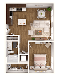 A top-down view of a small apartment with a kitchen, living room, and bedroom.