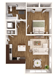 A top-down view of a small apartment with a bedroom, living room, and kitchen.