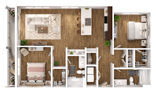A detailed 3D floor plan of a modern apartment layout.