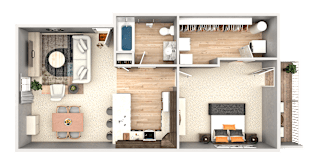 A 3D floor plan of a house showing a kitchen, living room, and bedrooms.