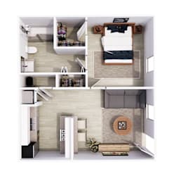 a 1 bedroom with a closet and a bathroom