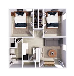 a 3d floor plan of a bedroom with a bathroom and a living room