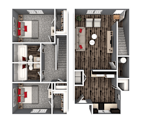 A set of four images showing different views of a small apartment layout.