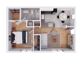 a 3d floor plan of a house with a bedroom and a living room