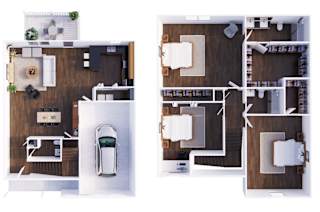 two floor plans of a house with a garage and a car