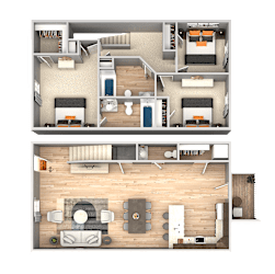 A top and bottom floor plan of a house with a living room, kitchen, and bedrooms.