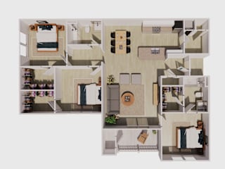 3d floor plan of a house with bedrooms and a living room
