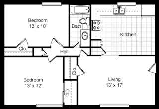 a floor plan of a small house with a kitchen and a living room