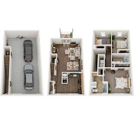 a stylized floor plan with a bedroom and a car