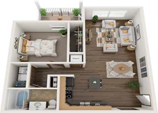 a 3d rendering of a bedroom with a wood floor